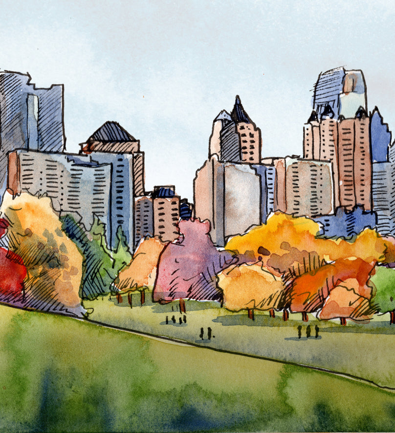 Watercolor painting of central park with city buildings above fall trees.